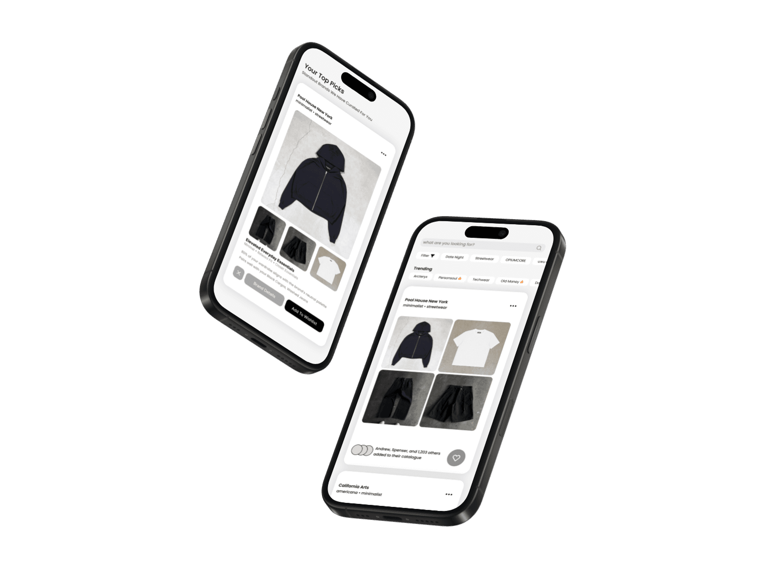 Two phones showing Mode app discovery screens